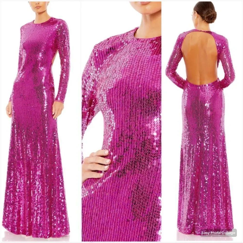 Mac Duggal 10891 Womens Pink SEQUINED LONG SLEEVE HIGH NECK OPEN BACKโGOWN